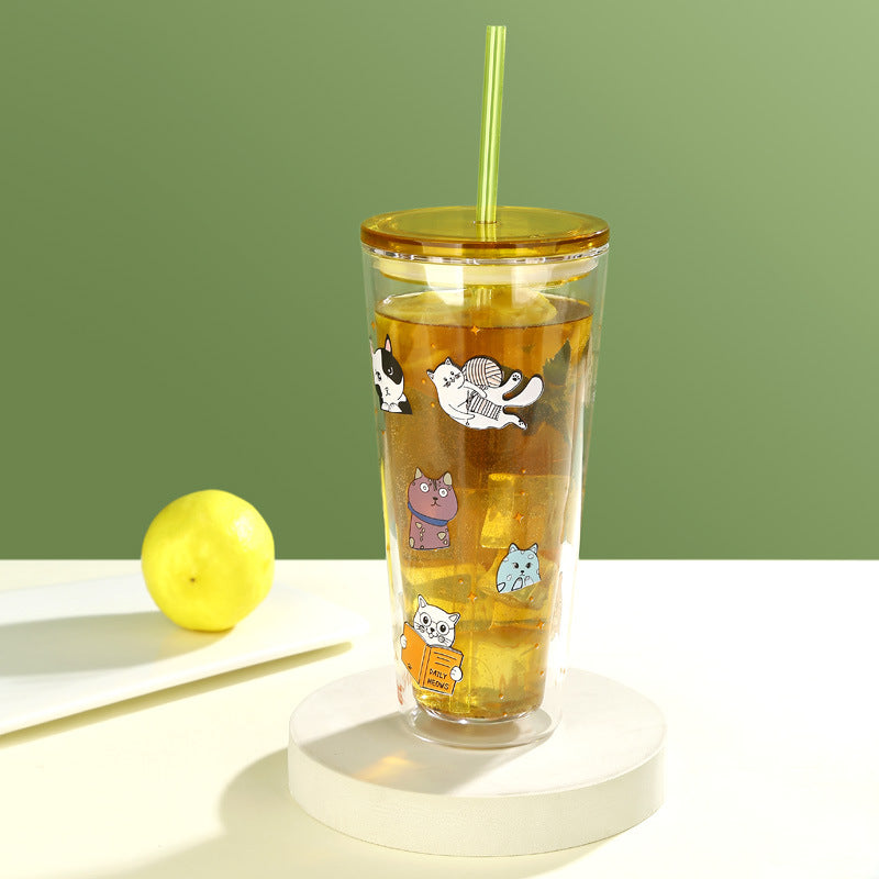 Double Insulation Glass Cup With Lid