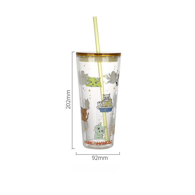 Double Insulation Glass Cup With Lid